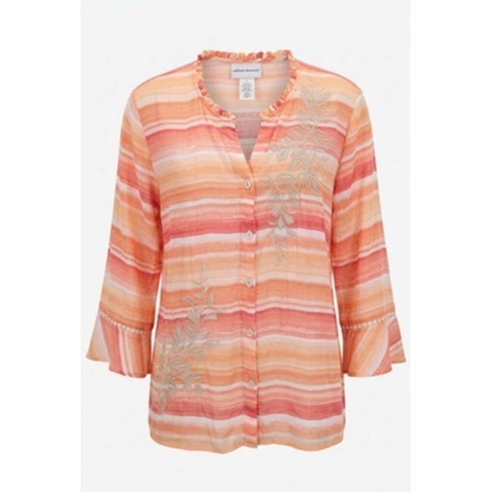 Alfred Dunner Shirt Women M Orange Stripe Embroidered Preppy Grandma Mom Boho